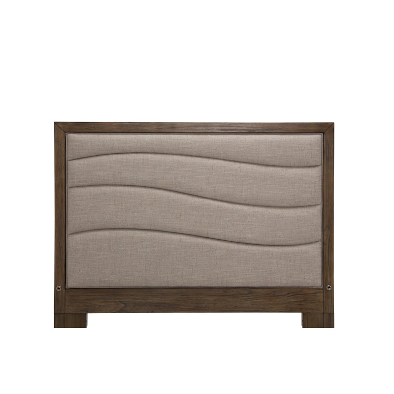 King Dark Brown Acacia Wood Upholstered Bed with Cream Headboard