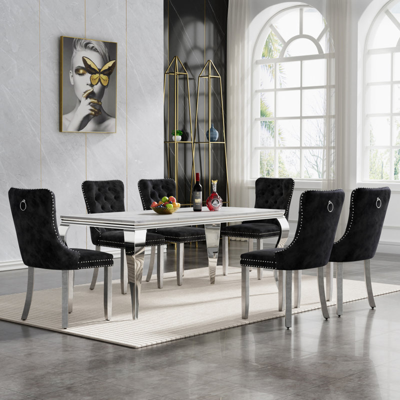 68" Luxury Faux Marble Dining Table Set, Modern Kitchen Table with Stainless Steel Pedestal, Modern Dining Room Table with Velvet Dining Chairs, Dining Table Set