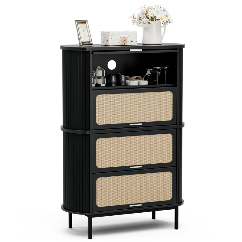 Armoire de rangement pour chaussures Natural Rattan, Noir