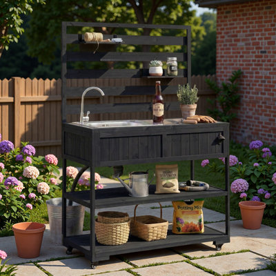Large Patio Rolling Kitchen Island Cart With With Sink, Stainless Table Top, Open Shelving, 2 Movable Shelves And 1 Bottle Opener