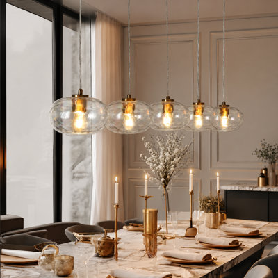 Luminaire suspendu surdimensionné pour îlot de cuisine à 5 lumières l 52,4 po Willeford avec décorations en verre iridescent