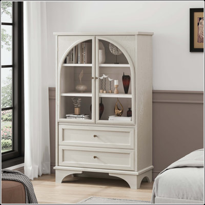 52.17" Glass Door Display Cabinet with Adjustable Shelf and 2 Drawers