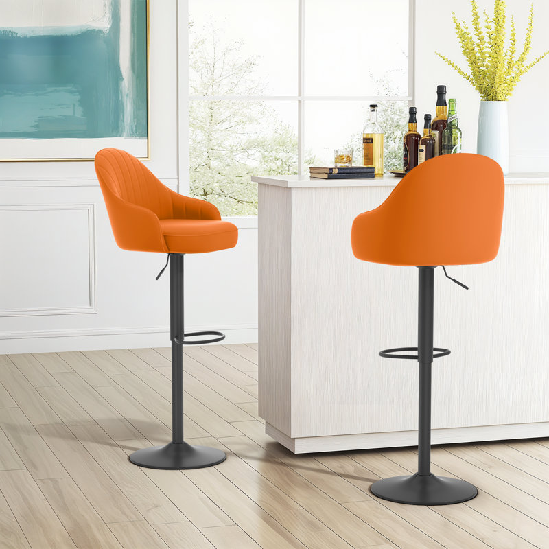 Adjustable Height Bar Stools, Modern Faux Leather 360° Swivel Chairs With Backrest For Kitchen Or Dining, Orange