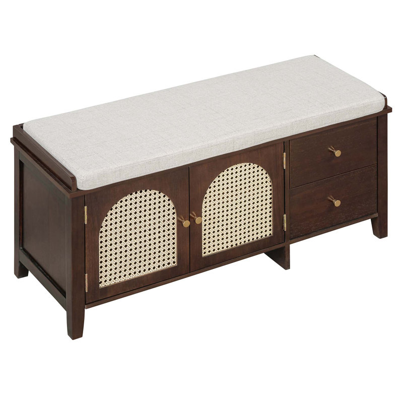 Banc à chaussures rétro avec coussin, 2 tiroirs et 2 portes en rotin, Espresso