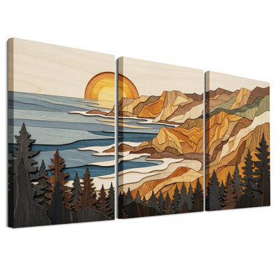 Ensemble de 3 toiles murales représentant un paysage de montagne en bois superposé avec coucher de soleil