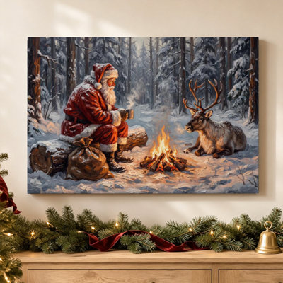 Père Noël et rennes au coin du feu - Décoration murale pour la veille de Noël, impression sur toile tendue de 40,6 cm x 61 cm, prête à être accrochée dans le salon, la chambre ou le bureau.