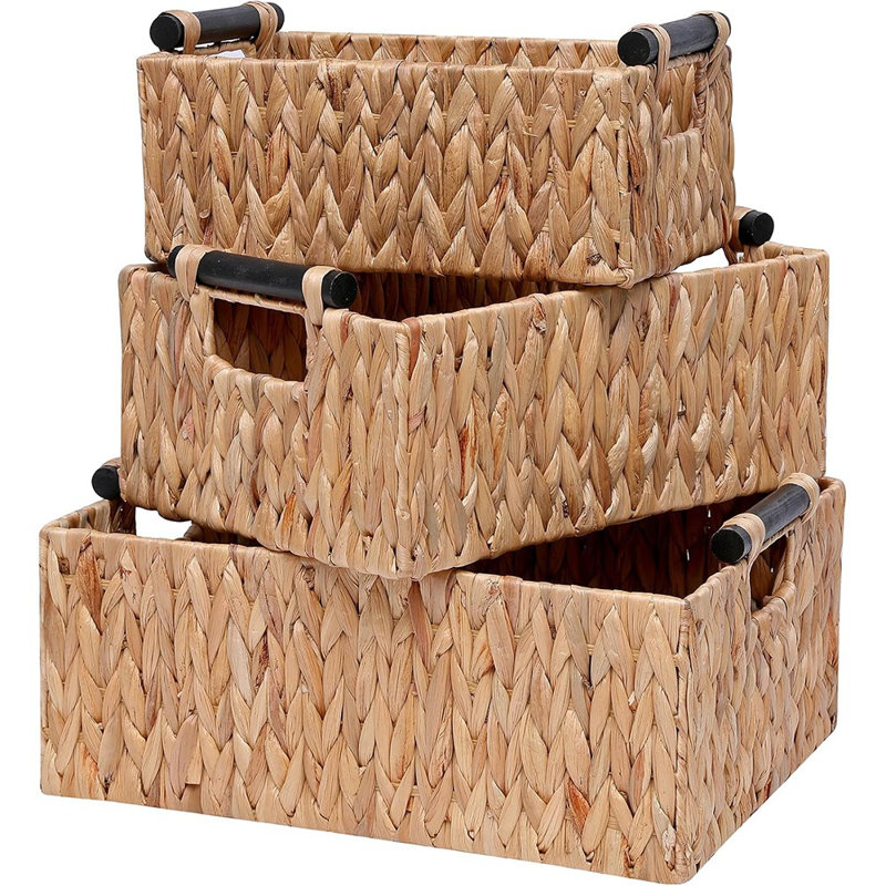 Bacs de rangement de chambre de bébé tissés à la main, paniers d'organisation en jacinthe d'eau naturelle avec poignées en bois