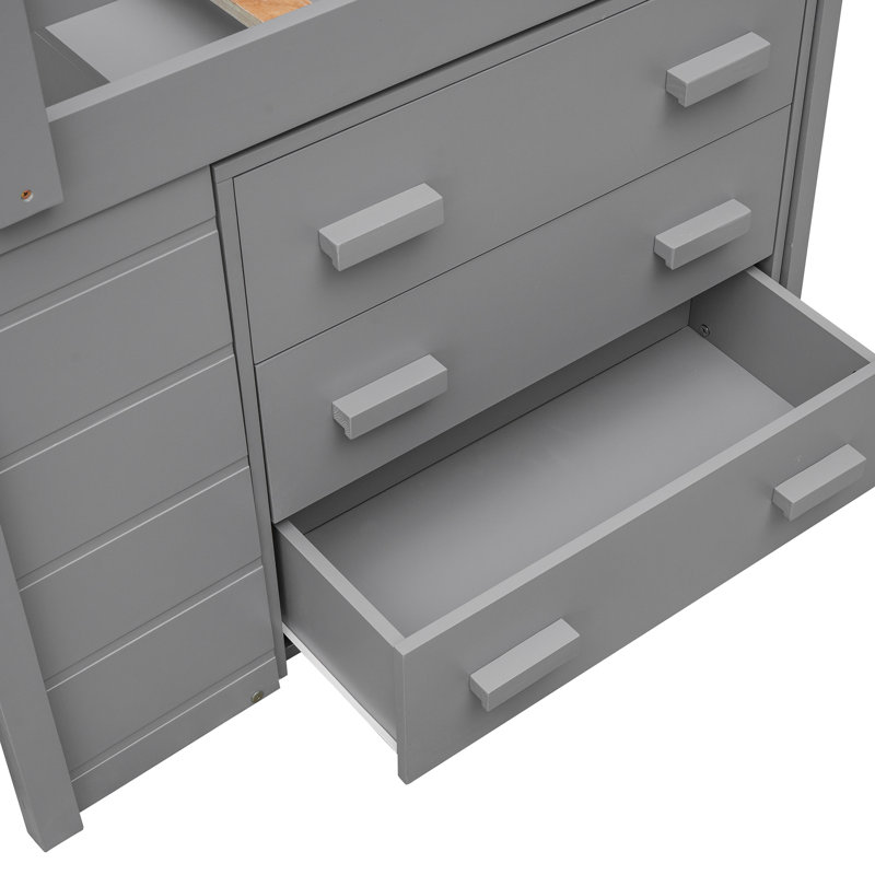 Lit mezzanine simple gris avec tablette fonctionnelle et armoire - Fabrication en bois massif, Gris