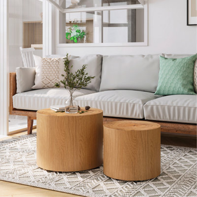 Ensemble de 2 tables basses gigognes, tables basses rondes modernes, tables d'appoint circulaires en bois pour petits espaces, salon, balcon, table d'appoint, tambour, bois naturel et véritable arbre