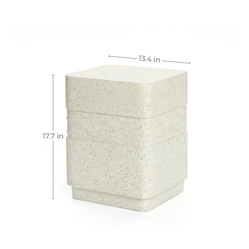 17.7" H Square Cement Outdoor Patio Table, Beige Cement Patio End Table with Textured Wave Design