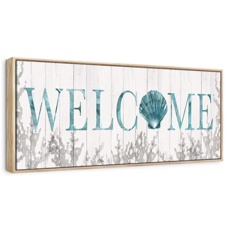 Plaque murale «Welcome Shell», Cadre flottant en bois naturel, 57 po x 19 po