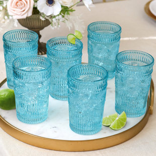 Burns Glass 13 OZ AZURE BLUE BEVERAGE Glasses Set of 6 I Clear Heavy Glass  - Drinking Glasses for Water, Milk, Juice, Beer, Whisky, Wine I 13 Ounce  Cups 