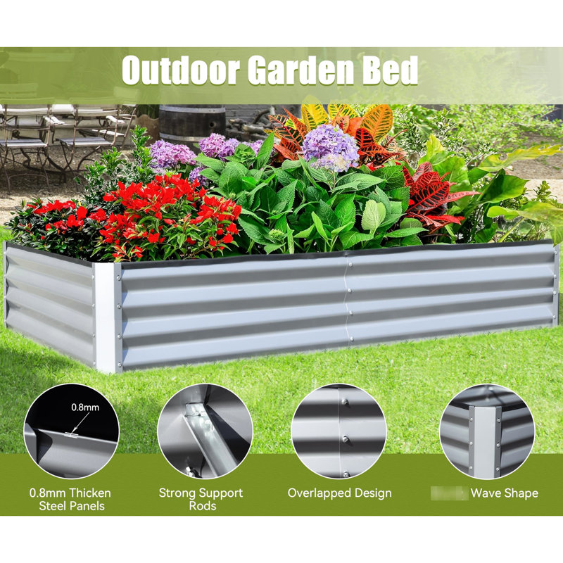 8X4x1 Ft Galvanized Raised Garden Bed - Outdoor Planting Box. Spacious For Gardening Veggies. Steel Design. Open-Ended Base Enhanced Plant Growth. Strong Support Bars Stability. Thickened Element .