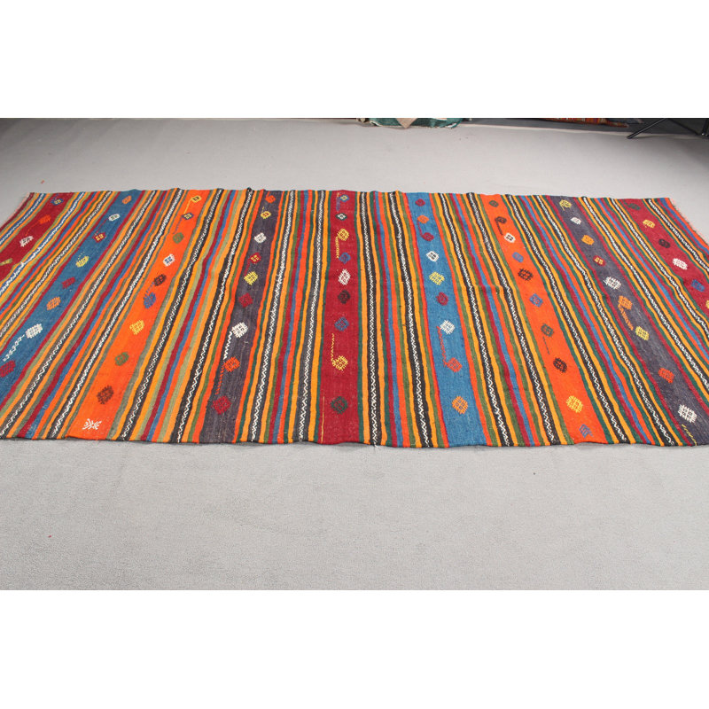 Grand tapis kilim turc rétro à rayures et à motif orange, idéal pour rafraîchir votre salon ou votre salle à manger