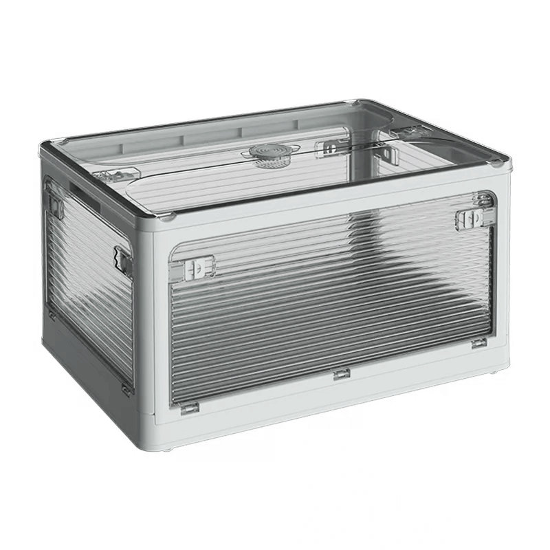 Collapsible Storage Box Bin, 5 Side Clear Open Access Stackable w/ Lid, Wheels, Secure Latches, Handles, 100 qts., White