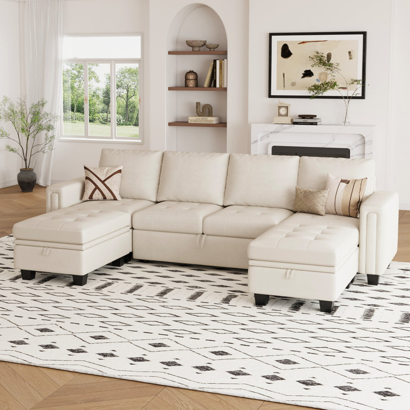 Shavera Velvet U-Shaped Sectional Couch Convertible Large Sofa Bed Sleeper With Storage Ottoman, Beige Velvet