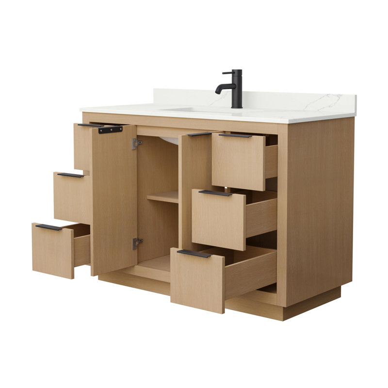 Ensemble de meuble-lavabo simple 48 po avec plateau en quartz Maroni, Noir mat, Simple, Quartz blanc