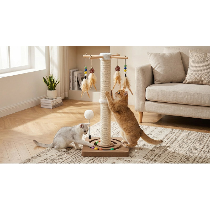 Grattoir pour chat avec 2 méthodes de fixation, tour d'arbre en sisal avec boule suspendue et rail à billes, 25 pouces