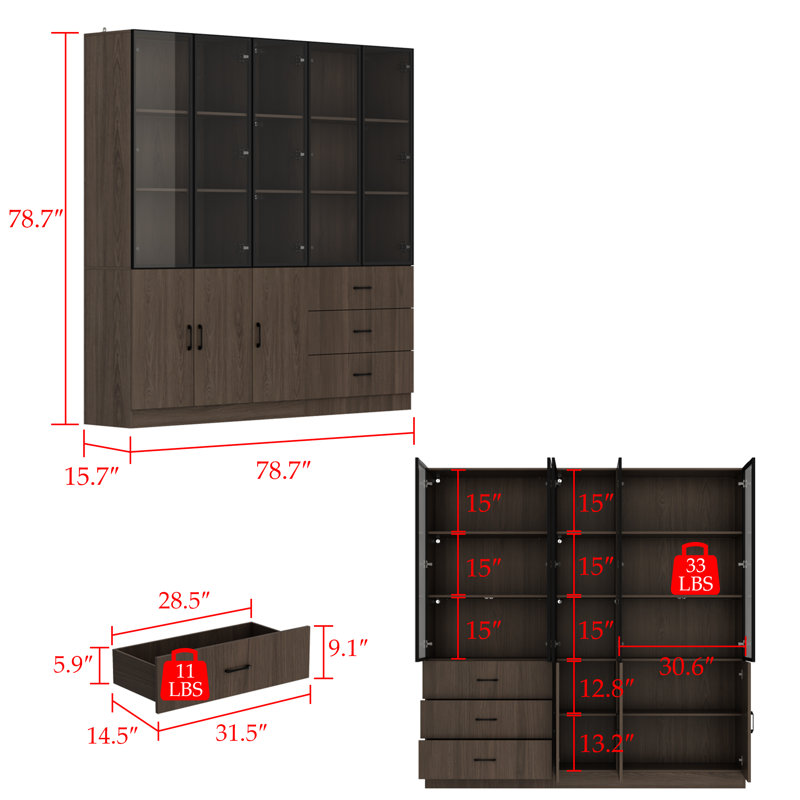 78.7" Wide Glass Door Display Case Curio Cabinet With LED Lights