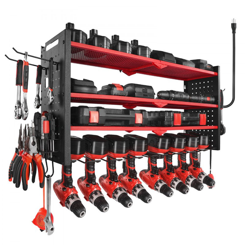 Organisateur d'outils électriques avec station de charge, support de rangement de perceuse à 4 couches avec 8 supports de perceuse et panneau perforé latéral, organisateur d'outils de garage intégré à 8 prises électriques pour garage, établi, atelier