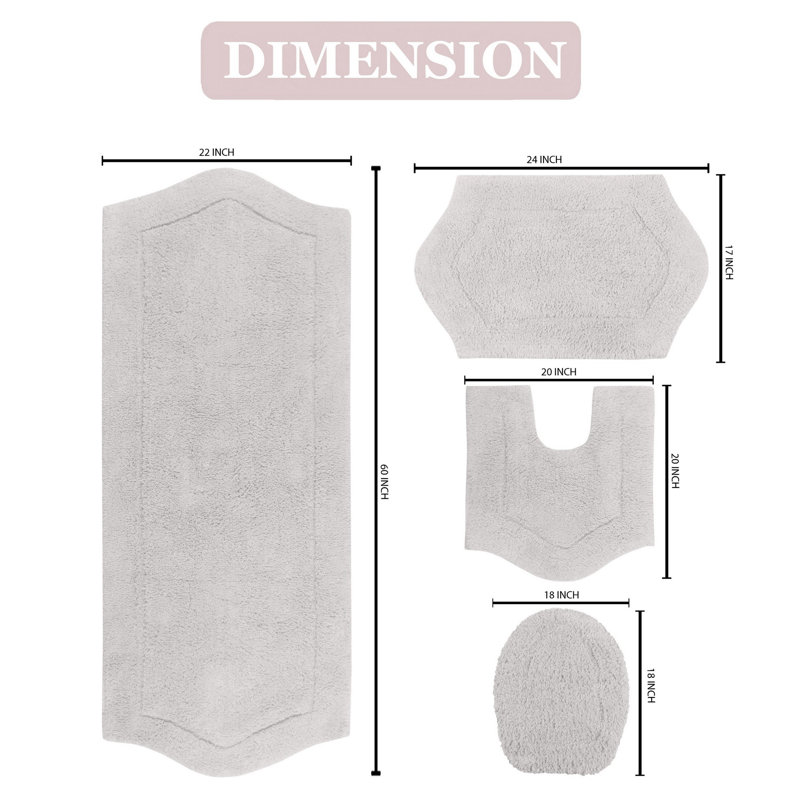 Waterford 4 Piece Bath Mat Set with Lid Cover, Quick Dry, Machine Washable Rugs, Absorbent, Light Gray