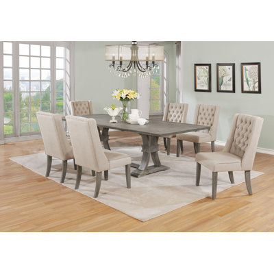 Dions Extendable 72" to 104" Table with Rustic Wood Dining Set and Linen Tufted Chairs by Gracie Oaks