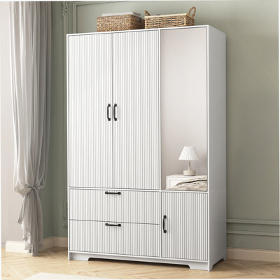 Garde-robe à 4 portes avec miroir, armoire à DEL à 2 tiroirs, armoire de rangement en bois avec tringle, tablettes réglables