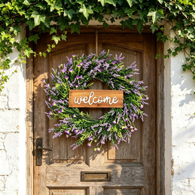 19.69 inch Welcome Lavender Wreath, Farmhouse Artificial Floral Greenery Wreath with Wooden Welcome Sign for Front Door Indoor Outdoor Wall Window Wedding Decor