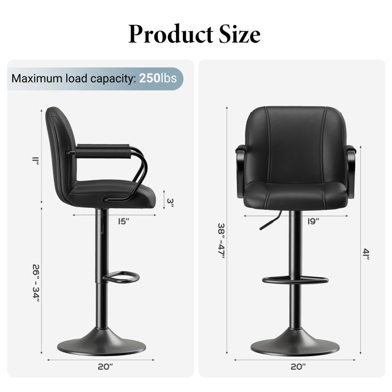 Tavion Adjustable Swivel Faux Leather Bar Stool with Armrests and Footrest, Black, Black
