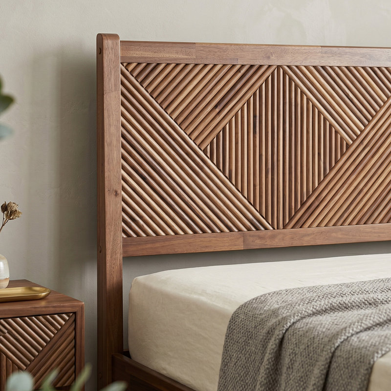 Averin Queen Size Platform Bed Frame - AVB-44-Q Solid Wood Headboard & Footboard, 12 Strong Slats Structure, Center Metal Legs, Noise-Free, Easy Set Up, No Box Spring Needed, Warm Walnut