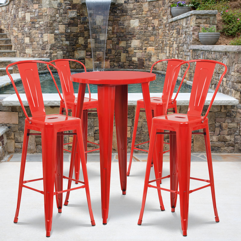 Williamston Round Metal Indoor-Outdoor Bar Table Set with 4 Cafe Stools, Red, 41" H x 24" W x 24" L