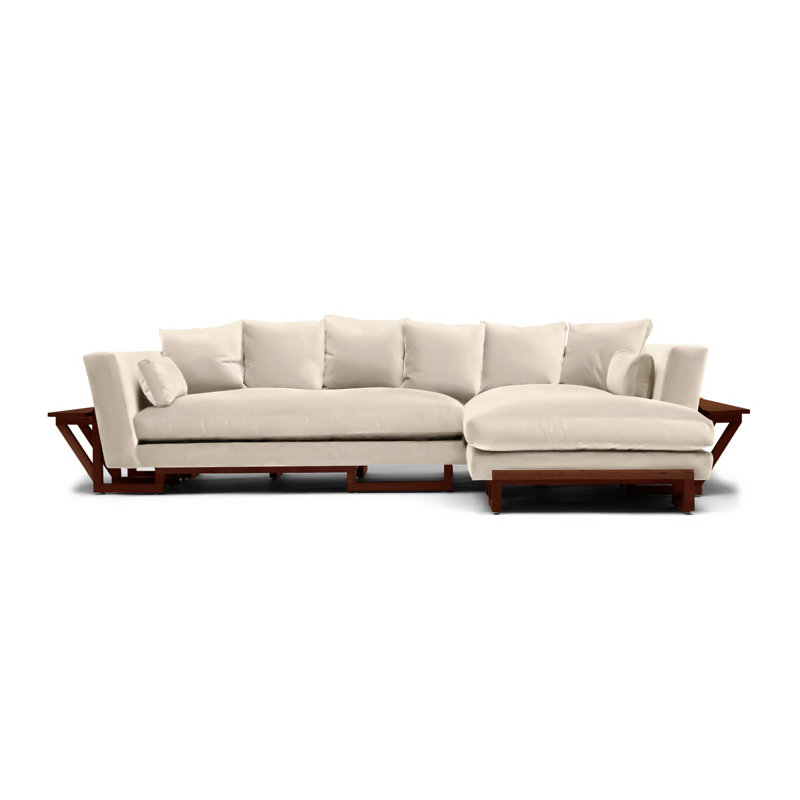 LRG Chaise Sectional, Smoke Velvet, Left and Right Side Trays, Solid Walnut