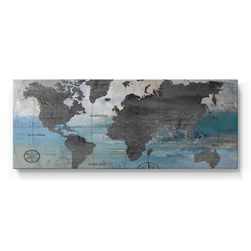 Carte du monde bleue et grise - Toile tendue avec châssis - Prêt à accrocher