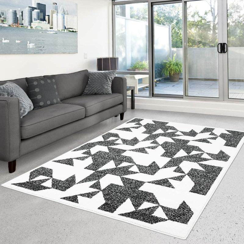 Tapis géométrique gris / ivoire Crosland, Rectangle 6 pi 3 po x 9 pi 3 po