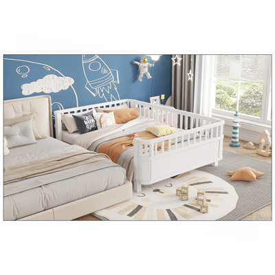 Full Size Wood Platform Bed for Kids, Wood Low Profile Full Bed with Rails for Girls and Boys