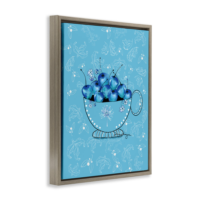 Tasse à thé Blue Cherries sur cadre flottant avec fleurs, design par Susan Lugar, H 21 po x l 17 po