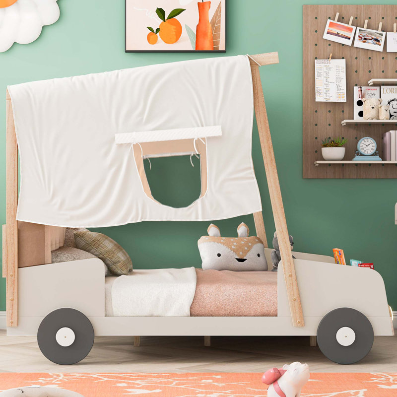 Wood Car Bed With Pillow, Ceiling Cloth And LED, Full