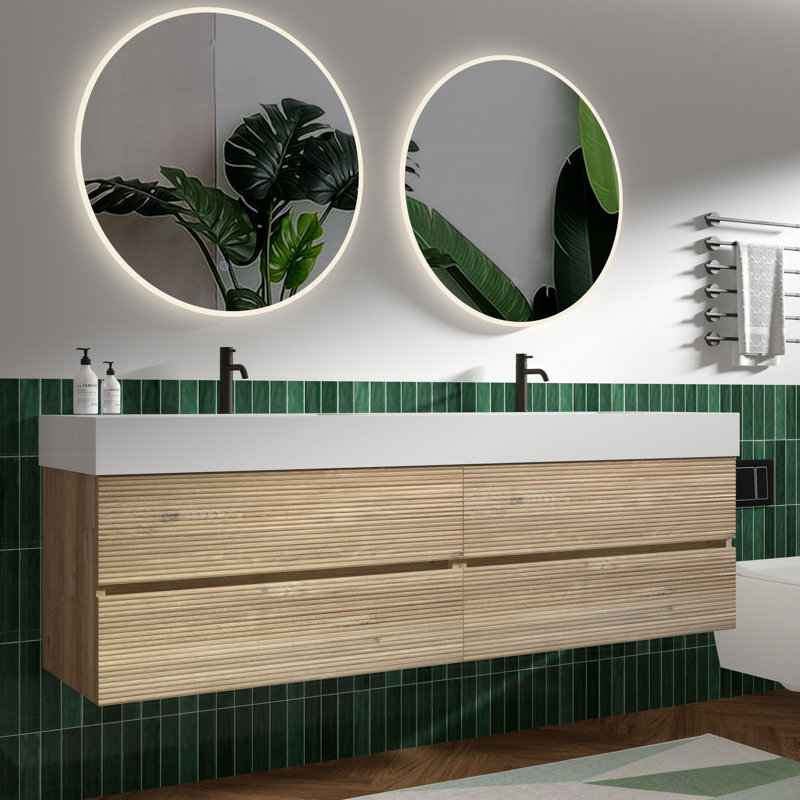 Meuble-lavabo mural avec surface solide et 4 tiroirs à fermeture en douceur, 48", Chêne brut, Blanc