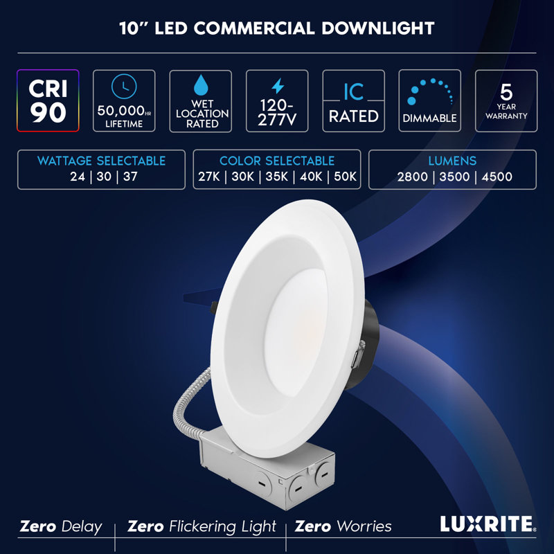 Luminaire encastré commercial à DEL J-Box 5CCT 10 watts à intensité variable 24/30 / 37W à intensité variable pour éclairage à DEL CRI90 2800/3500/4500 Lumens 120-277V