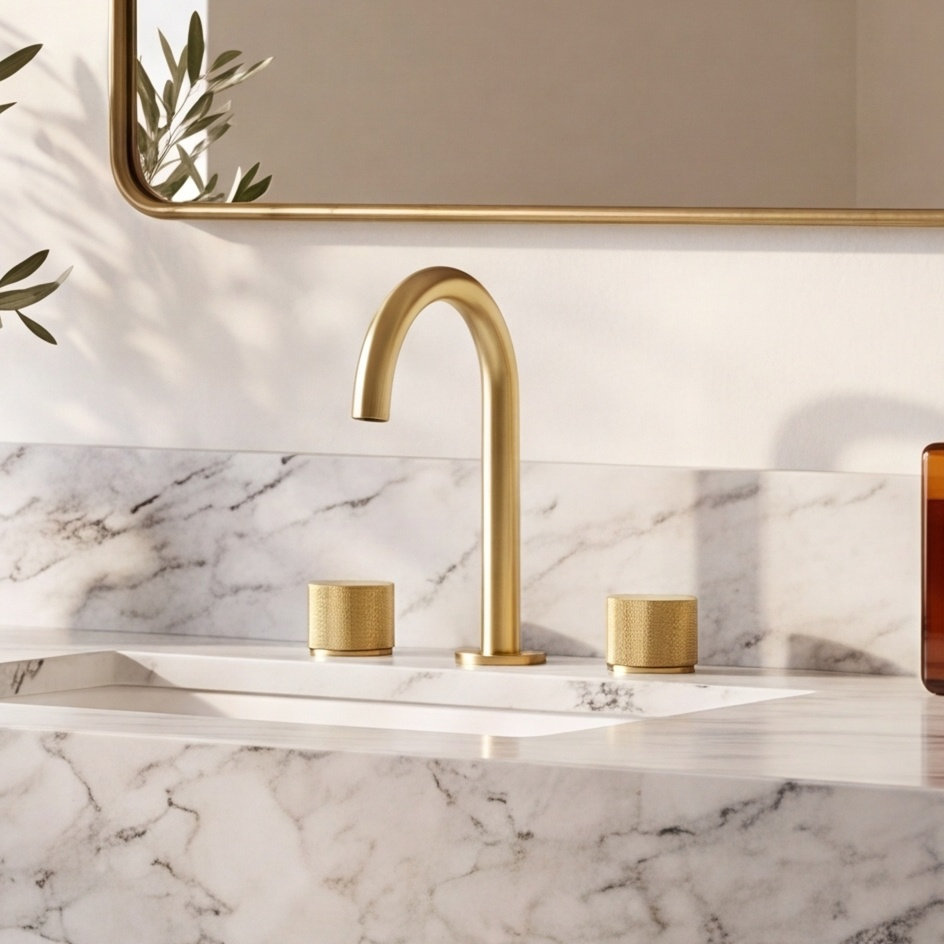 Circular X Widespread Faucet with Drain, Brushed Gold
