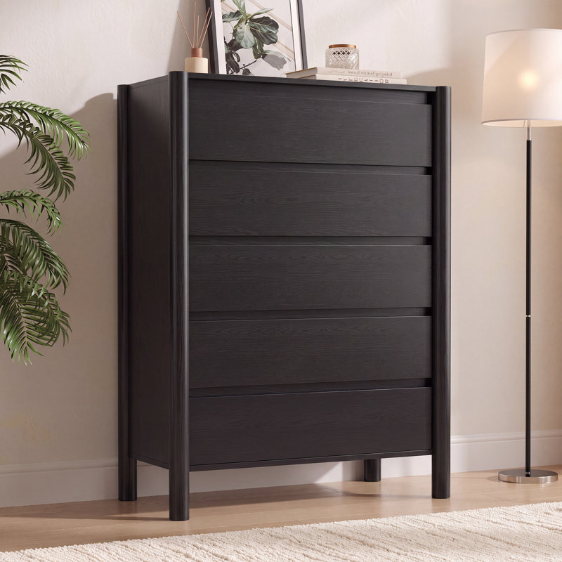Commode 5 tiroirs Hingham 45,3 ", commode en bois pour chambre à coucher, salon, noir, Noir