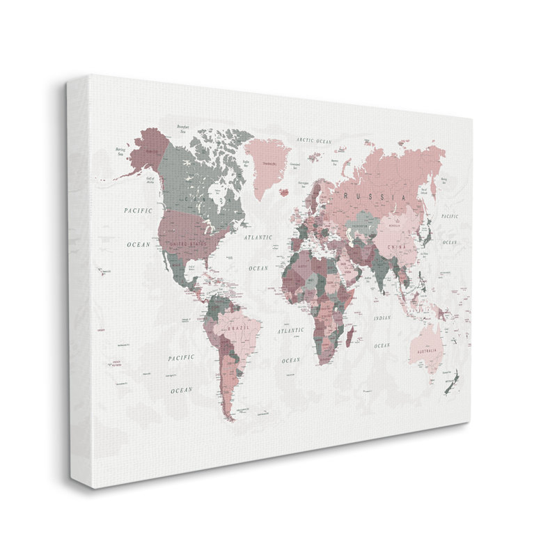Carte du monde des eaux à motifs monochromes des régions roses - impression, Toile tendue, H 24 po x l 30 po
