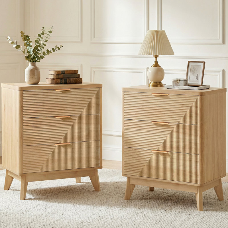 Table de chevet cannelée en bois Rhyth, Sergé naturel, Individuel