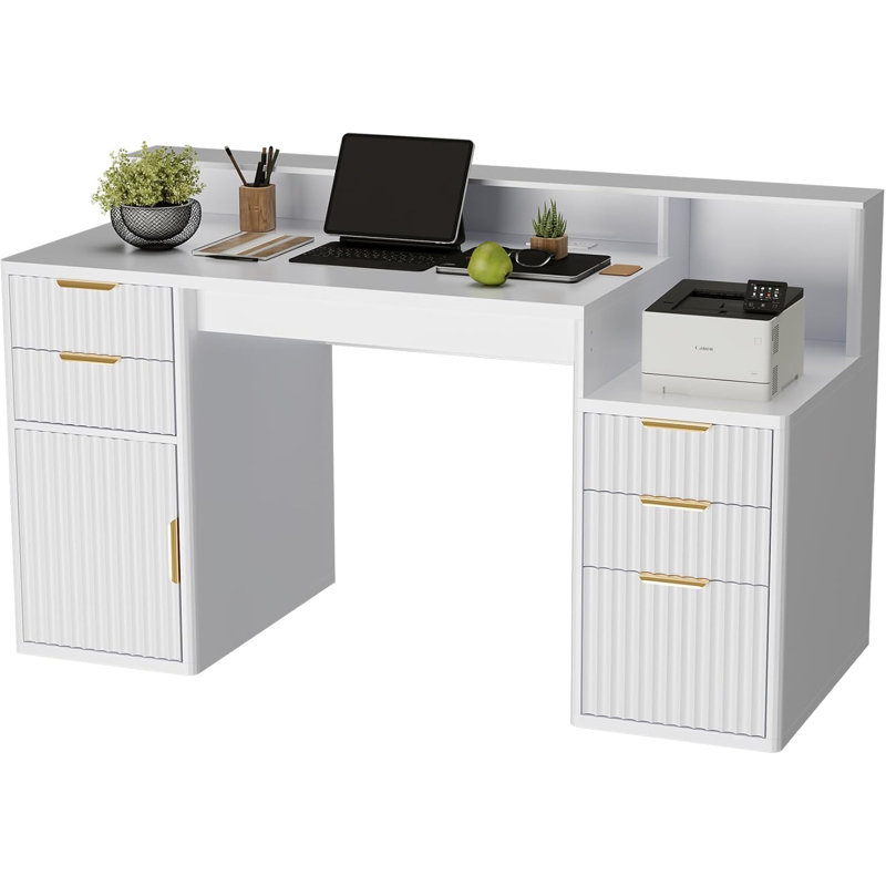 Bureau d'ordinateur avec huche et support pour imprimante, bureau à domicile peu encombrant avec porte ondulée et tiroirs, table d'étude robuste pour étudiants, blanc