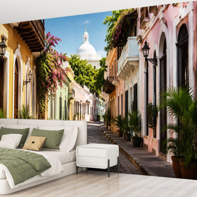 Wall Mural Peel and Stick Wallpaper colorful street old san juan puerto rico town scenery Self-Adhesive Removable Contact Paper Wall Decor for Living Room Bedroom 69"H x 96"W