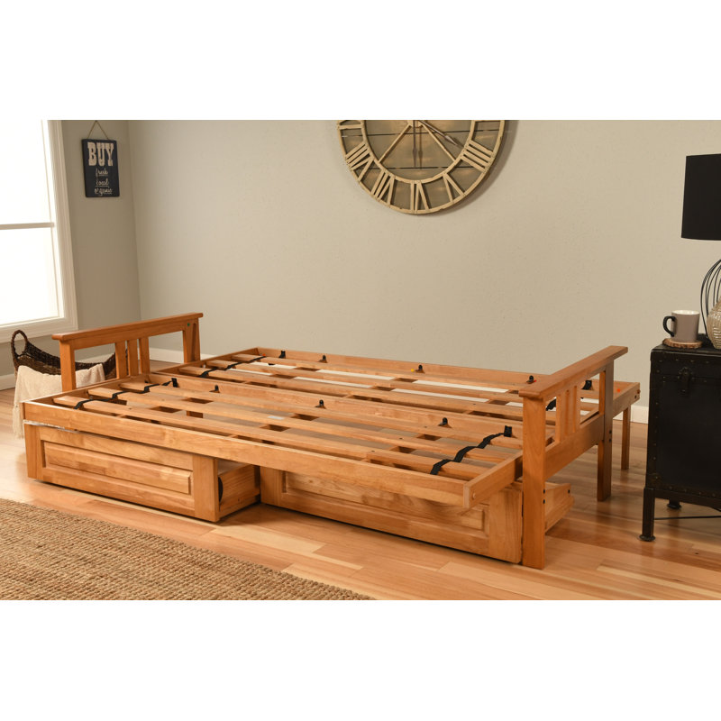 Stratford 86" Queen Futon and Mattress with Drawer set, Butternut, Linen Cocoa, Premium Pocket Coil