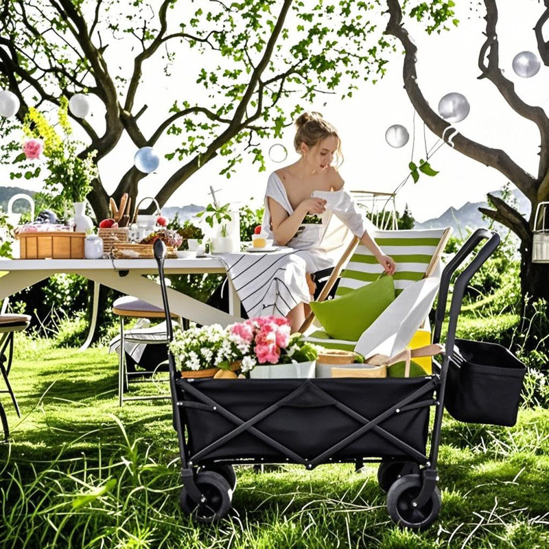 Extra Large Collapsible Wagon W/removable Canopy, 250lbs Foldable Garden Cart W/rear Storage, Big Wheel&adjustable Handles