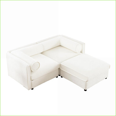 Sofas | Modern Snow White Chenille 2-Seater Loveseat with Storage Ottoman &amp; Cylindrical Backrest | Snow White | Chenille