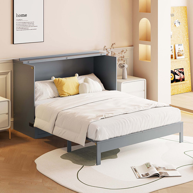 Lit escamotable avec grands tiroirs Murphy, Gris, Lit double