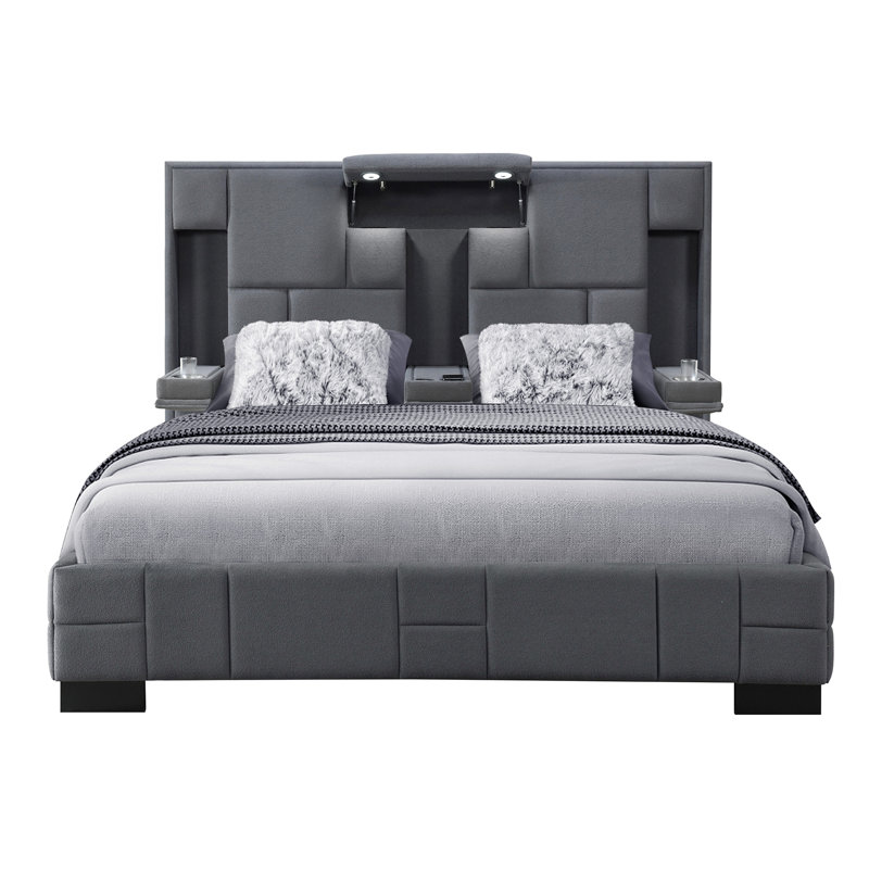 Lit très grand gris foncé de style très grand avec style pliable, charge sans fil centrale et lampes de lecture à DEL pour la chambre à coucher avec charge intégrée, réajustement des haut-parleurs